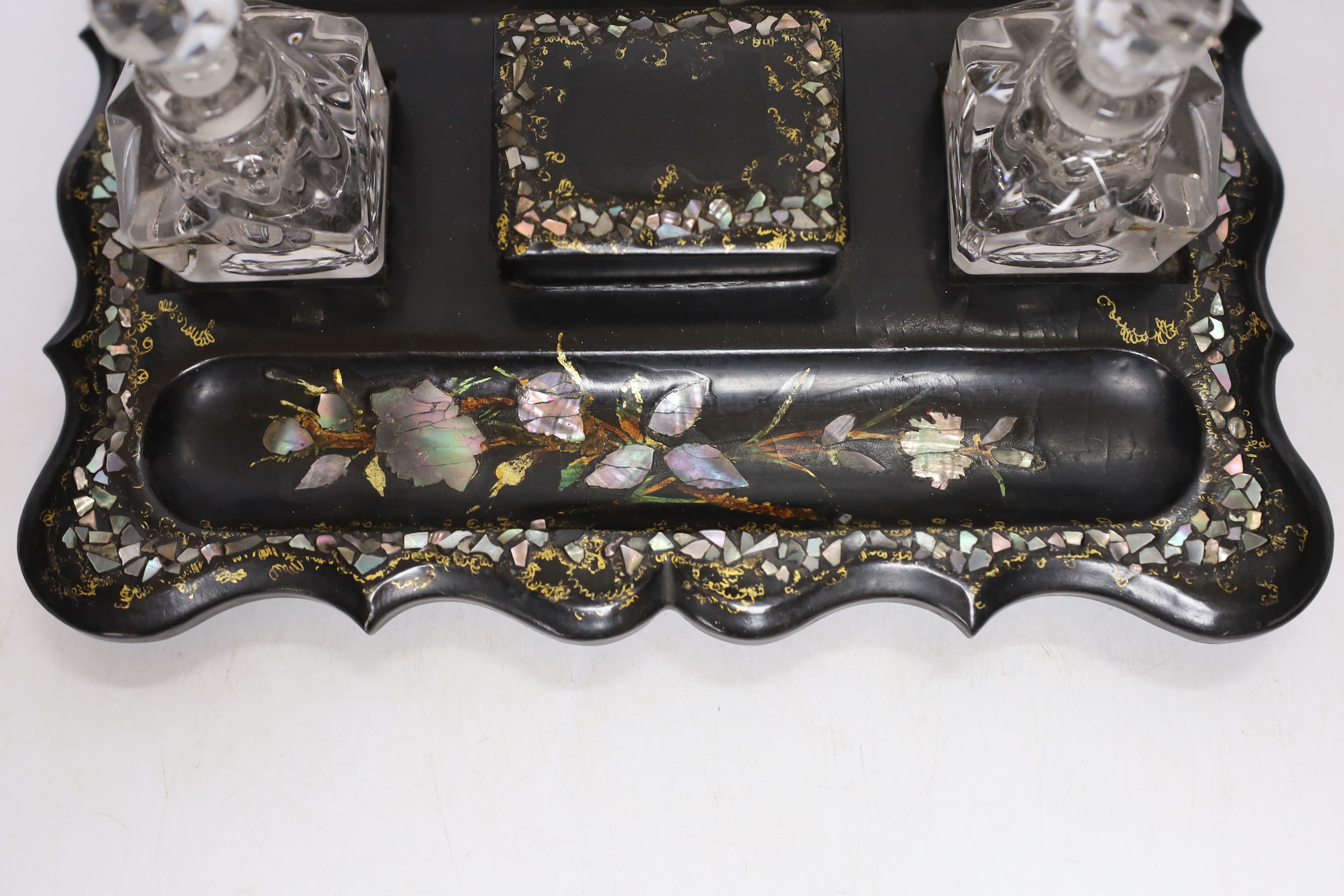 A Victorian papier mache ink stand, 26cm